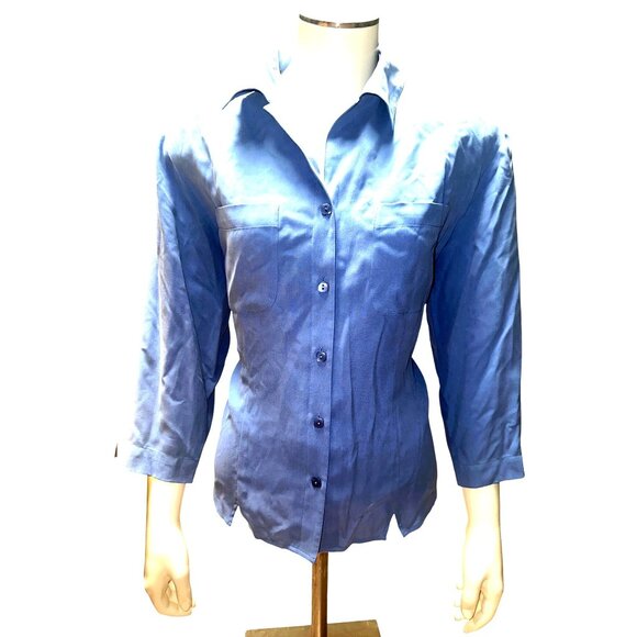 Notations Medium Blue Silk Button Blouse Coastal Minimalist Chic Resort Citycore - Picture 2 of 8